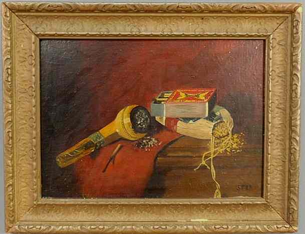 Appraisal: Oil on panel still life painting of a pipe tobacco