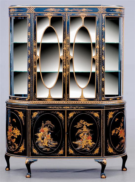 Appraisal: Victorian chinoiserie-decorated bow front display cabinet circa shaped and stepped