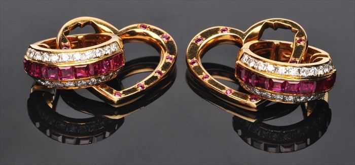 Appraisal: PAIR OF HEART DROP EARRINGS Set with diamonds and rubys