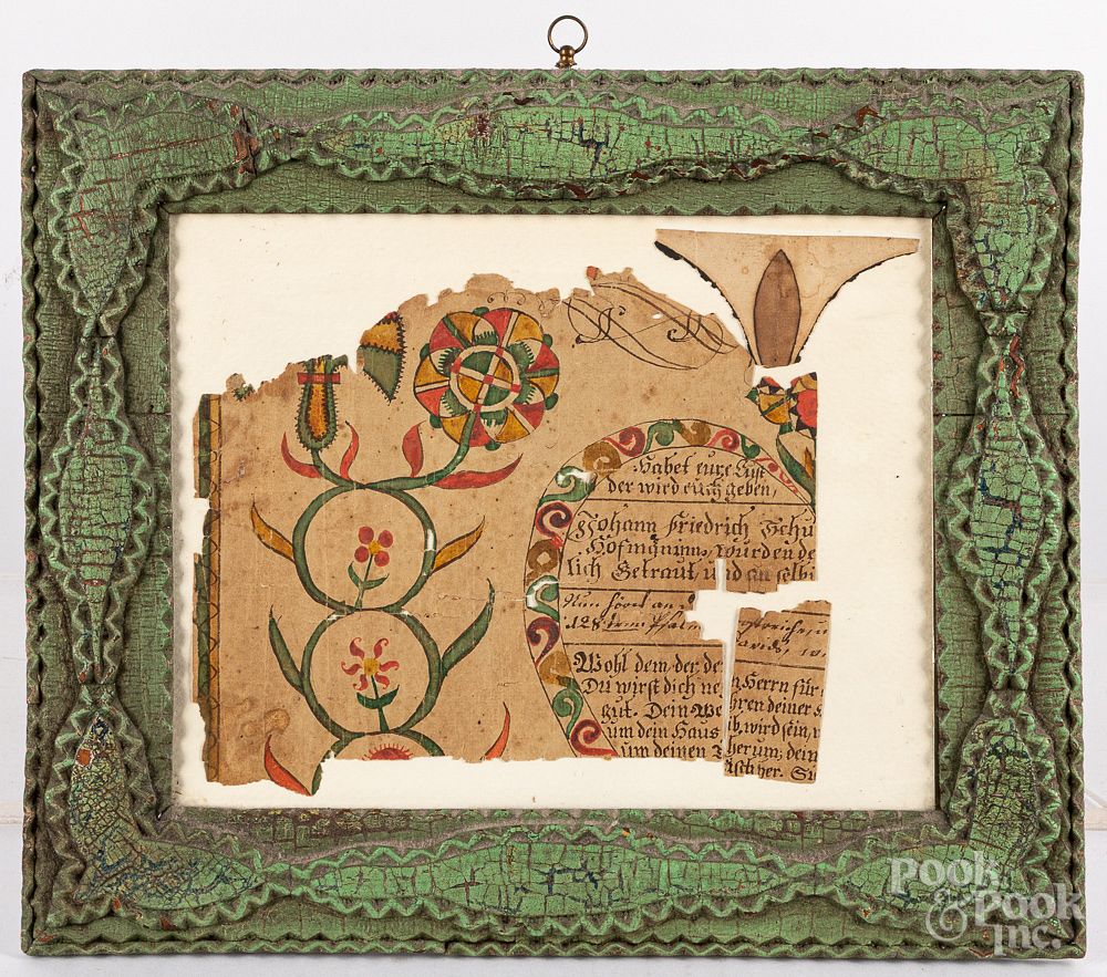 Appraisal: Fraktur remnant in a painted folk art frame Fraktur remnant