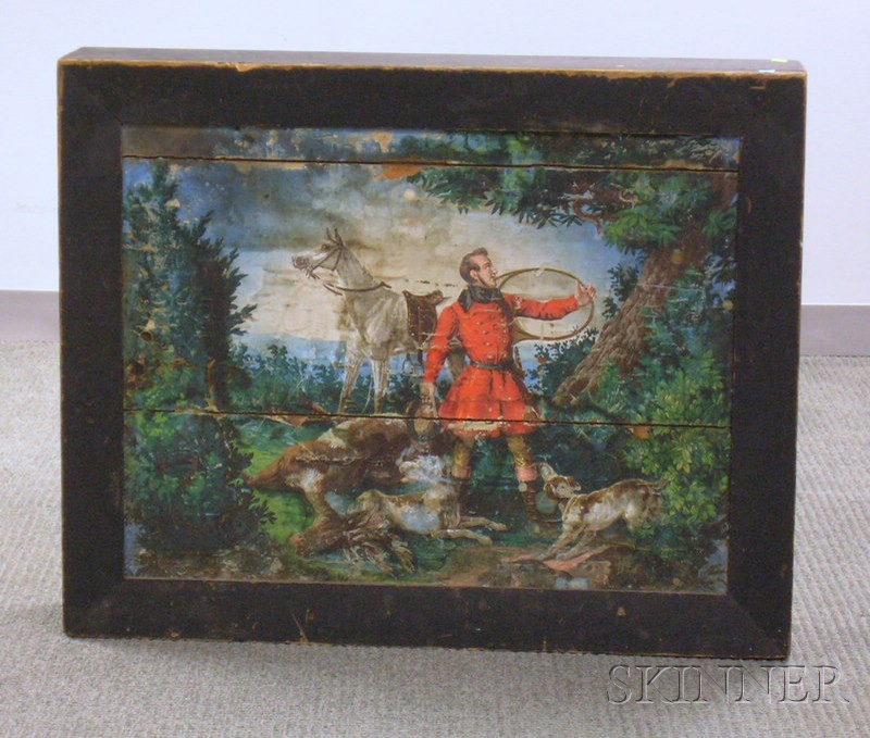 Appraisal: th Century Black-painted Pine Framed Printed Huntsman Scene Wallpapered Panel