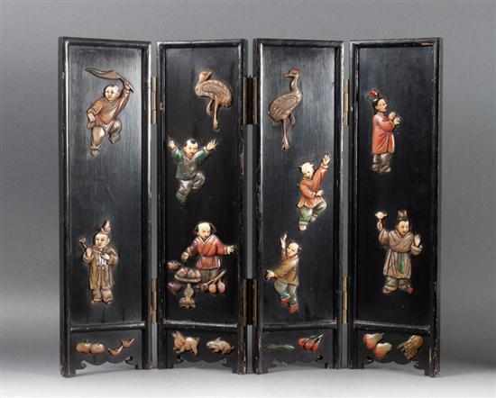 Appraisal: Japanese hardstone-mounted ebonized and polychromed four-panel tea screen late th