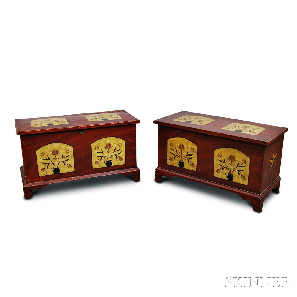 Appraisal: Pair of Paint-decorated Six-board Chests Pennsylvania decorated with panels of