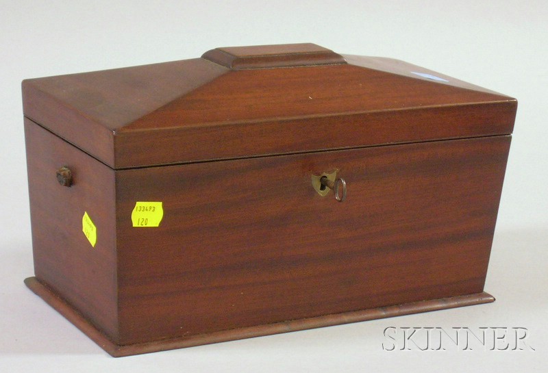 Appraisal: Mahogany Casket-form Tea Caddy with divided interior ht lg in