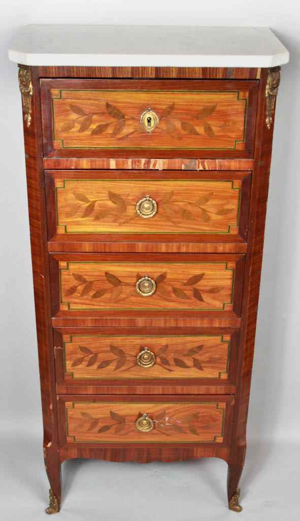 Appraisal: LOUIS XVI STYLE TULIPWOOD MARQUETRY ORMOLU-MOUNTED MARBLE TOP CHEST the