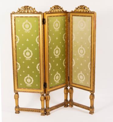 Appraisal: A gilt wood three-panel two-fold screen on umbrella type supports