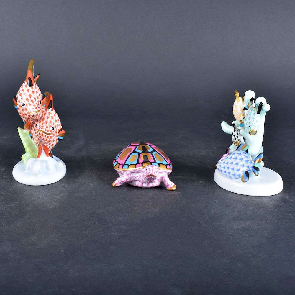 Appraisal: Three Herend Figurines Grouping of Three Herend Fishnet Porcelain Figurines