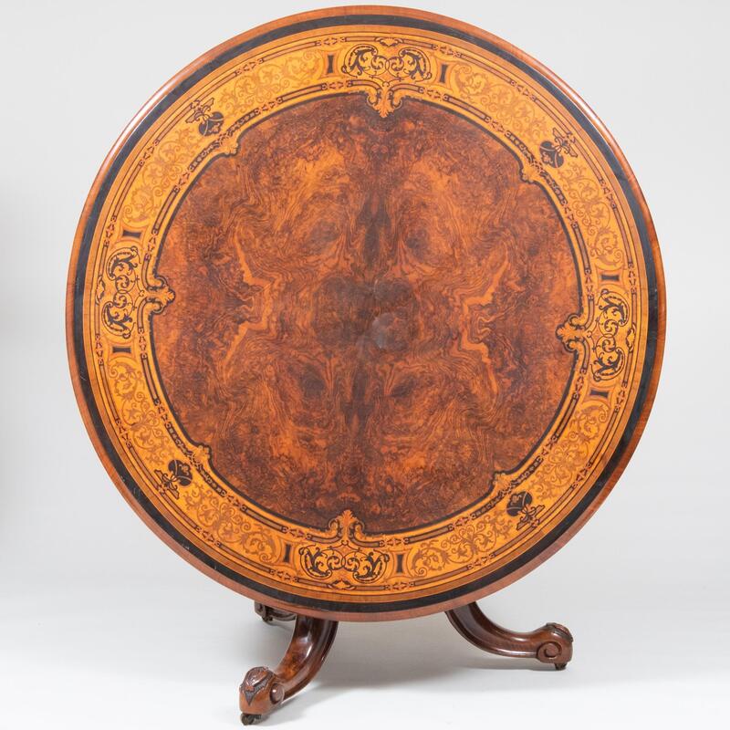 Appraisal: English Victorian Burl Walnut Ebonized and Fruitwood Marquetry Center Table