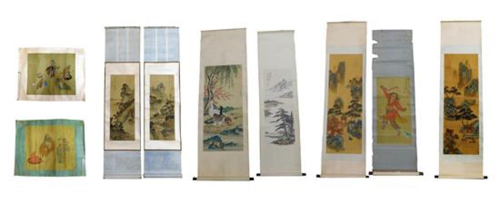 Appraisal: ASIAN Nine hand-painted scrolls Chinese type th C many depicting