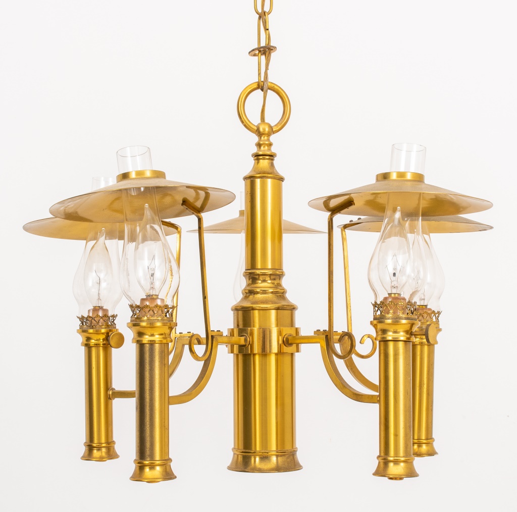 Appraisal: BRASS GLASS FIVE-LIGHT CHANDELIER Brass and glass five-light chandelier with