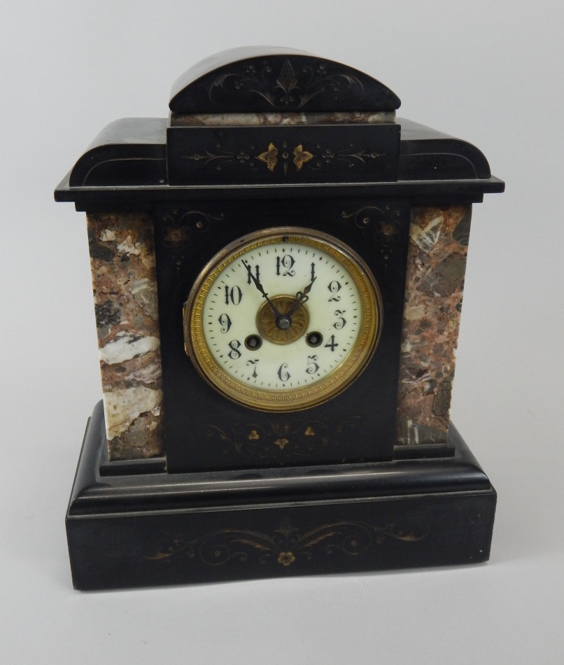 Appraisal: A French black slate and marble mantel clock with enamel