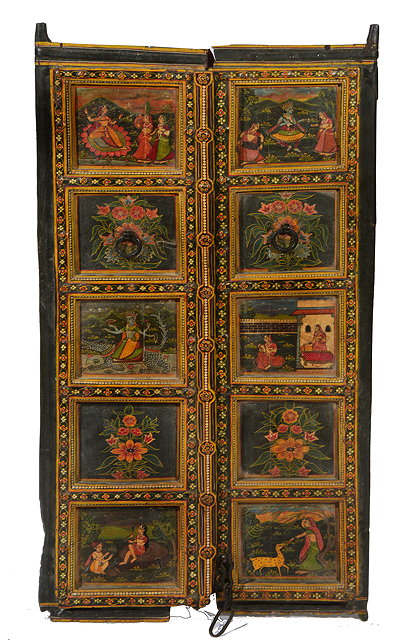 Appraisal: A PAIR OF ANTIQUE INDIAN POLYCHROME PAINTED DOORS each with