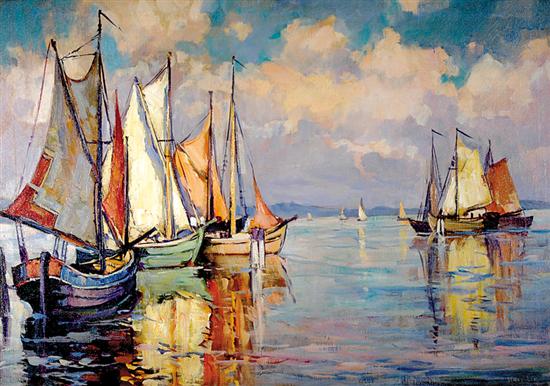 Appraisal: Jonas Lie New York - SAILBOATS IN HARBOR oil on