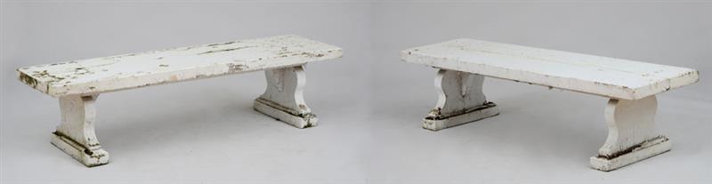 Appraisal: PAIR OF WHITE-PAINTED WOODEN TRESTLE-FORM BENCHES The rectangular top raised