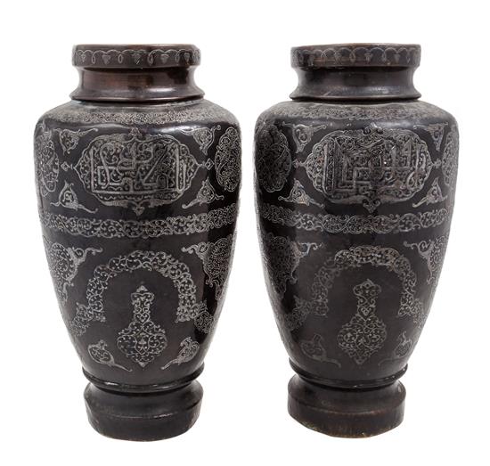 Appraisal: Sale Lot A Pair of Syrian Inlaid Metal Vases each