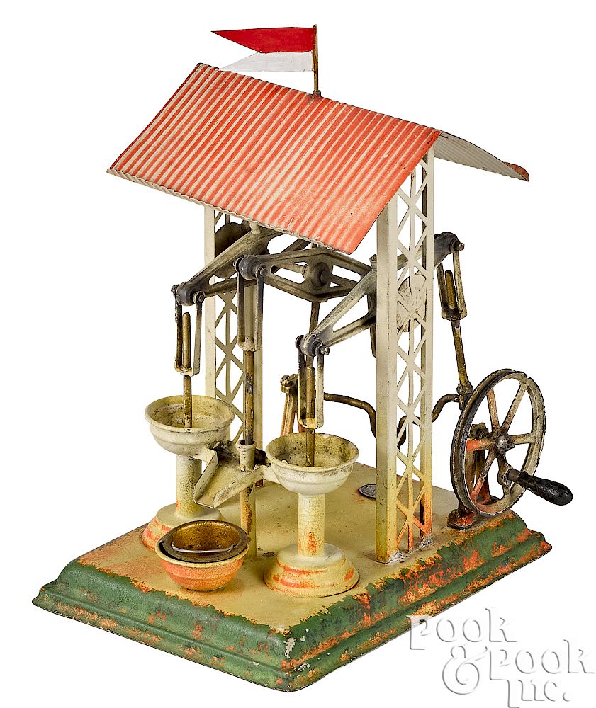 Appraisal: Plank pump station steam toy accessory Plank painted tin pump