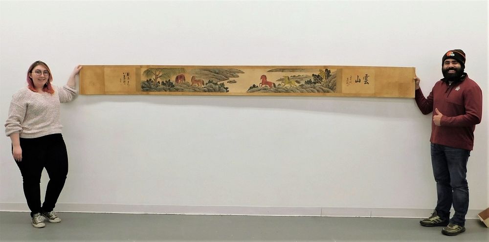 Appraisal: LG Chinese Horse Landscape Hand Scroll Painting China Qing Dynasty