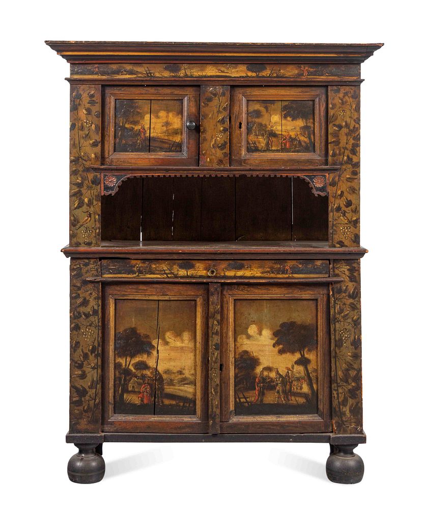 Appraisal: A Dutch Painted Pine and Oak Cupboard A Dutch Painted