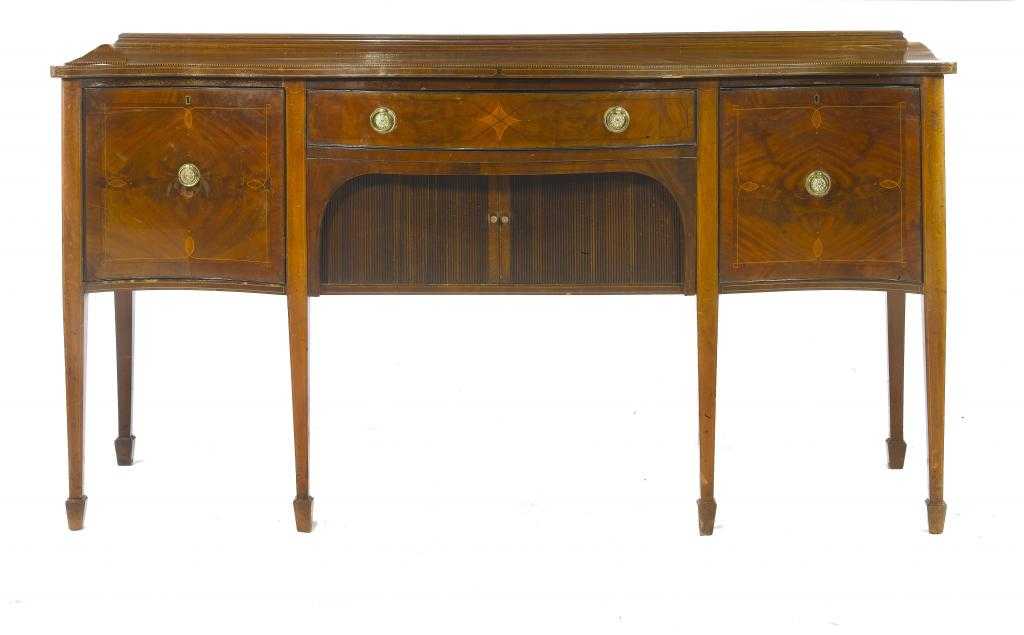 Appraisal: A MAHOGANY AND LINE INLAID SERPENTINE SIDEBOARD with a drawer