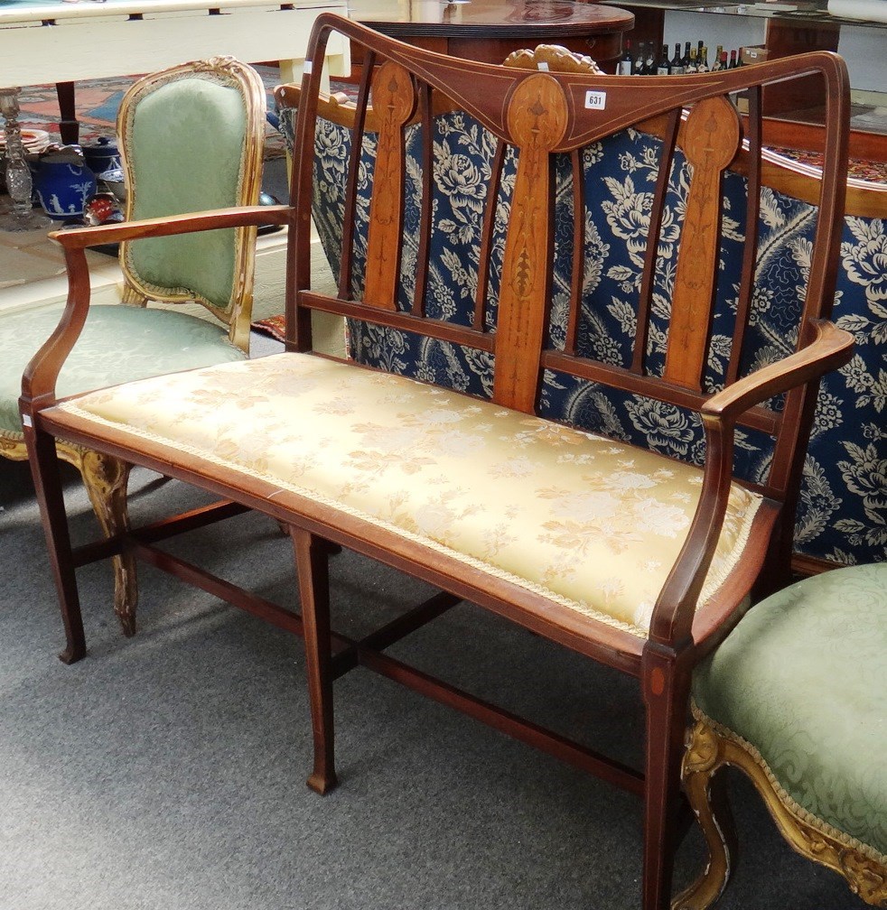 Appraisal: An Art Nouveau marquetry inlaid mahogany show frame sofa on