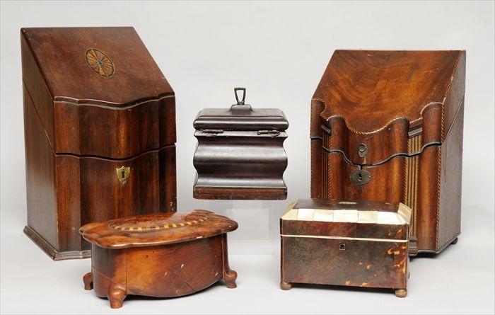 Appraisal: TWO GEORGE III INLAID MAHOGANY CUTLERY BOXES One with shaped