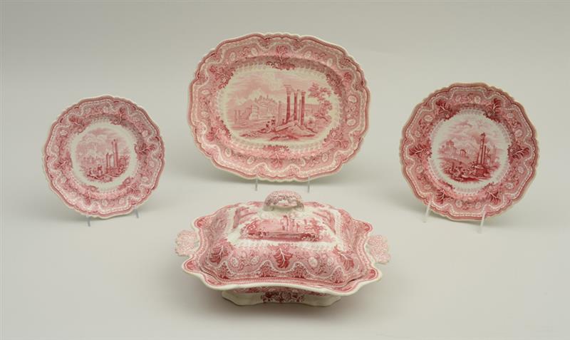 Appraisal: GROUP OF FOUR STAFFORDSHIRE RED TRANSFER-PRINTED ARTICLES IN THE ACROPOLIS