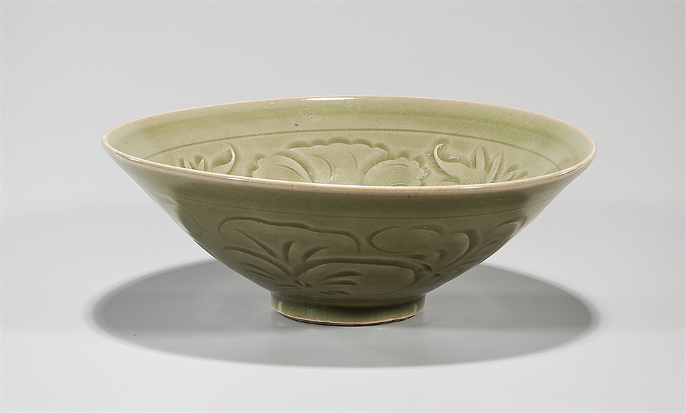 Appraisal: Chinese celadon glazed carved bowl with floral design x approx