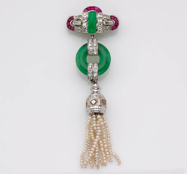 Appraisal: A diamond jadeite jade ruby and pearl brooch mounted in