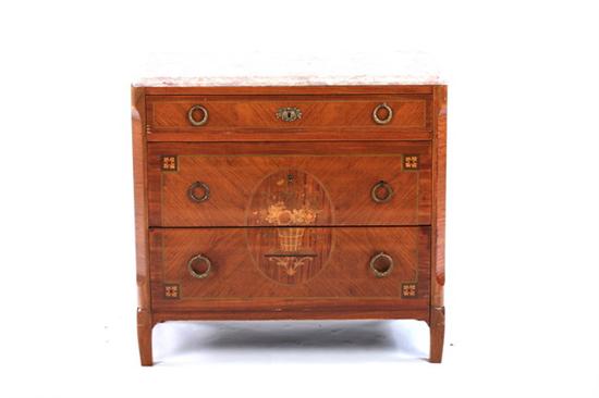 Appraisal: LOUIS XVI STYLE MARBLE-TOP PETITE COMMODE th century Mottled mauve