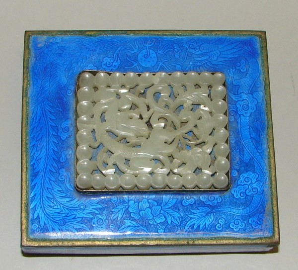 Appraisal: Square box features cobalt blue enamel with dragon and peacock