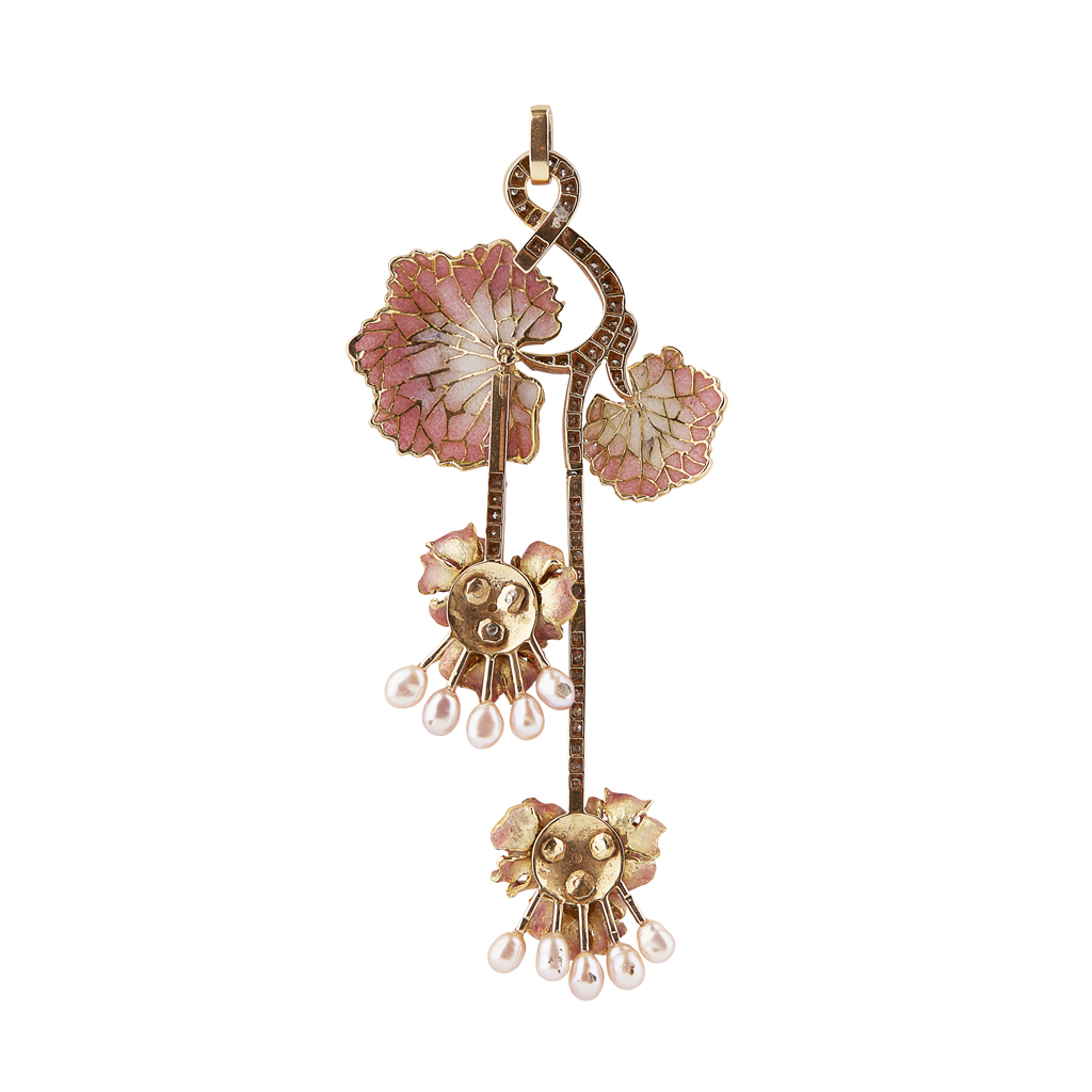 Appraisal: An enamel and diamond set pendant of floral design the