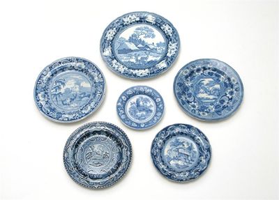 Appraisal: Six blue and white plates four printed with scenes of