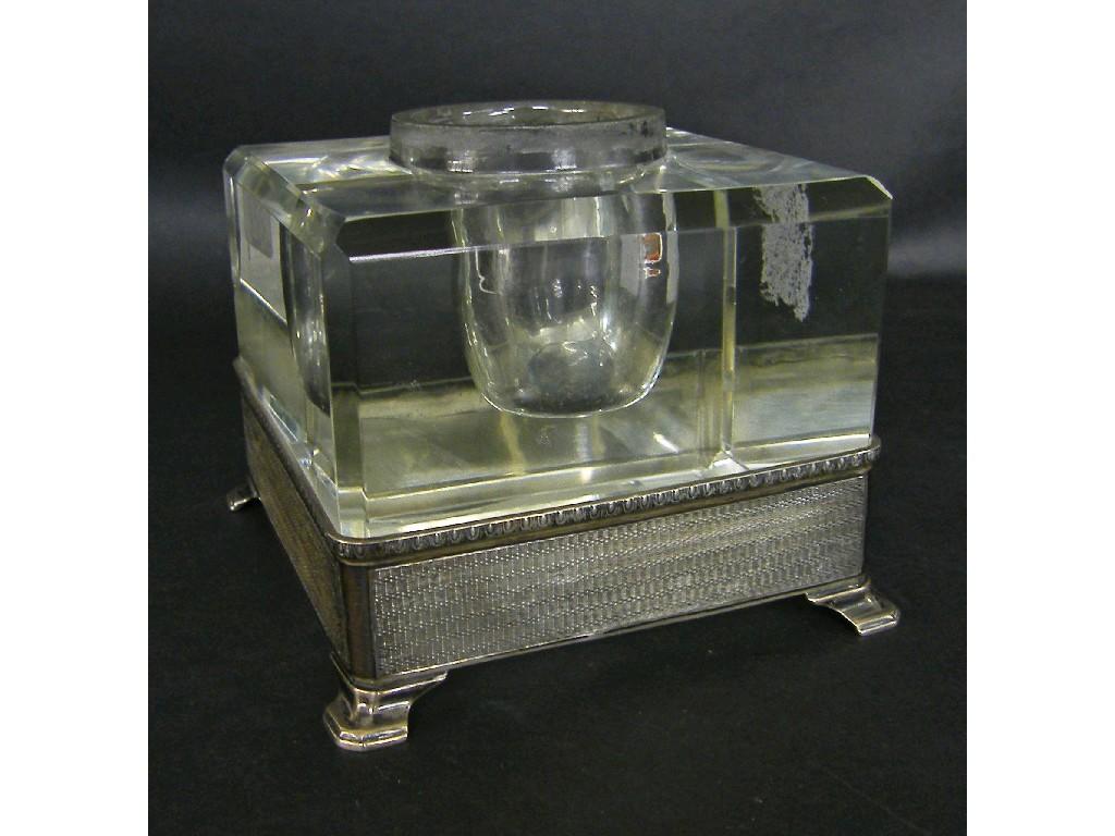 Appraisal: s cut glass inkstand within a silver sleeve with gadrooned