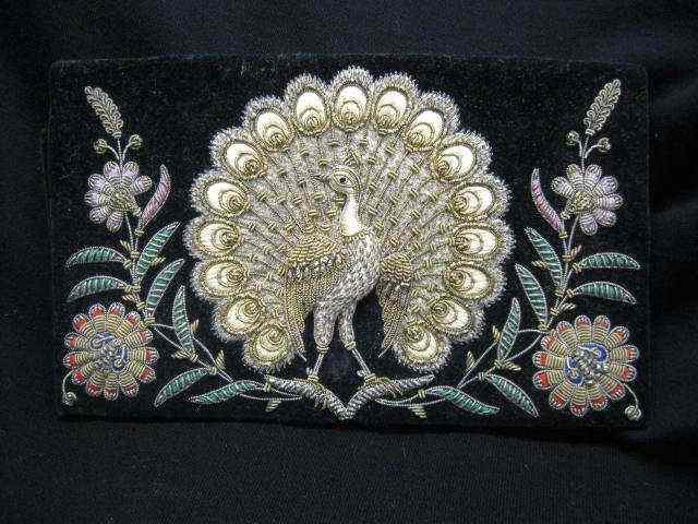 Appraisal: Antique Embroidered Clutch Purse goldand silver thread peacock floral on