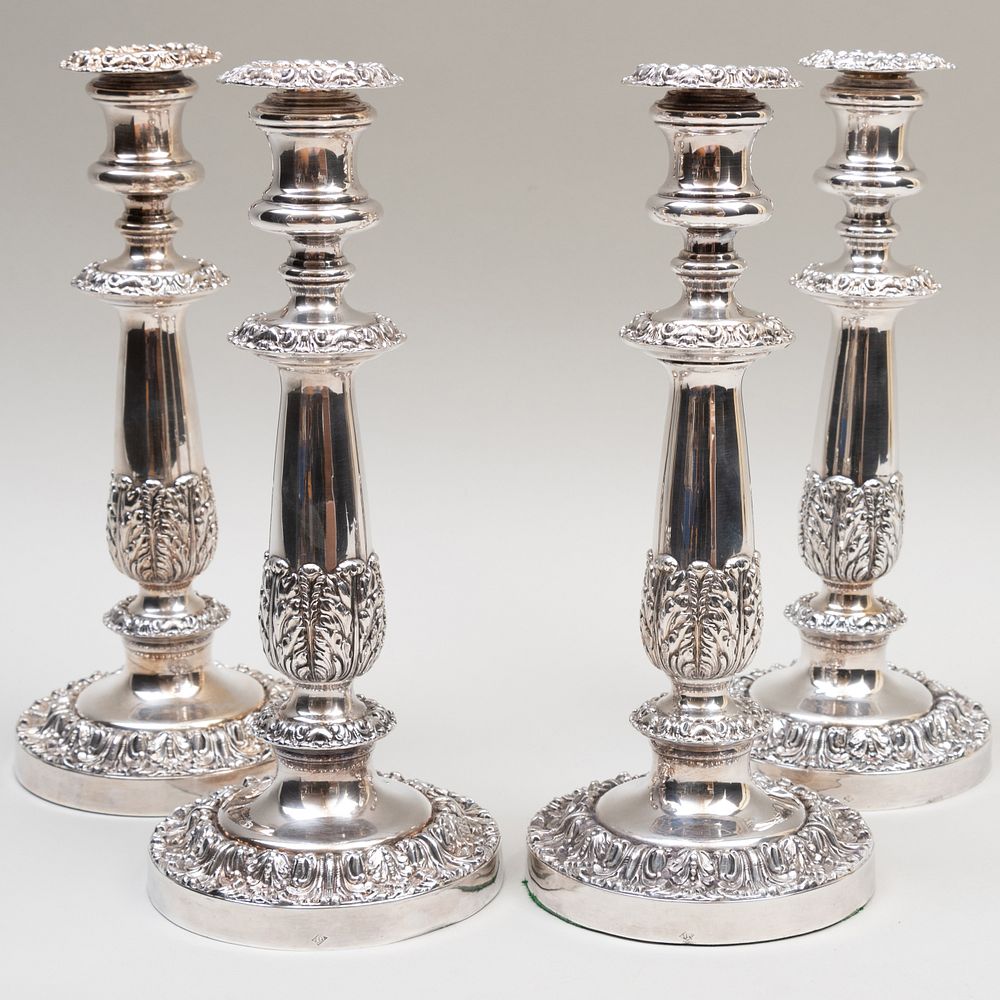 Appraisal: Set of Four Silver Plate Candlesticks x in diam weighted