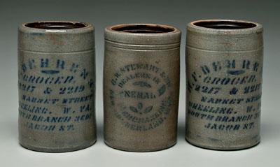 Appraisal: Three West Virginia canning jars salt glazed stoneware with blue