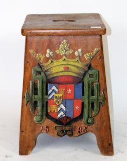 Appraisal: French painted wooden stool with coat of arms French painted