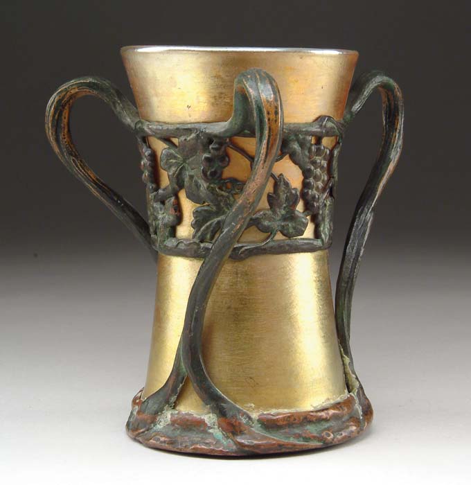 Appraisal: TIFFANY STUDIOS GLASS BRONZE VASE Outstanding gold Favrile vase is