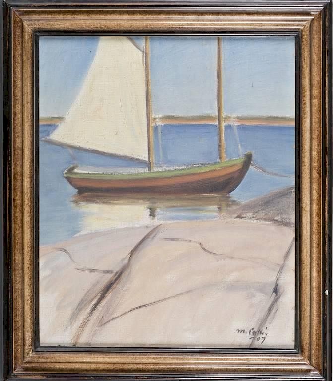 Appraisal: Collin Marcus Boat Scene oil on canvas Collin Marcus Finland