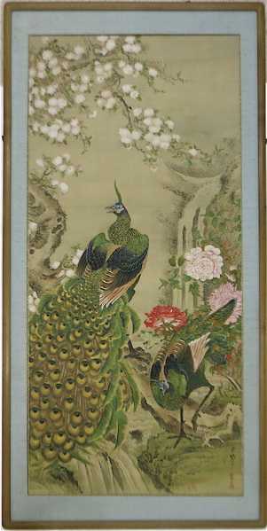 Appraisal: CHINESE PAINTING ON SILK two peacocks with waterfalls and flowers