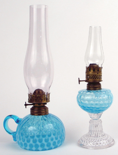 Appraisal: TWO VICTORIAN BLUE GLASS MINIATURE LAMPS with original clear glass