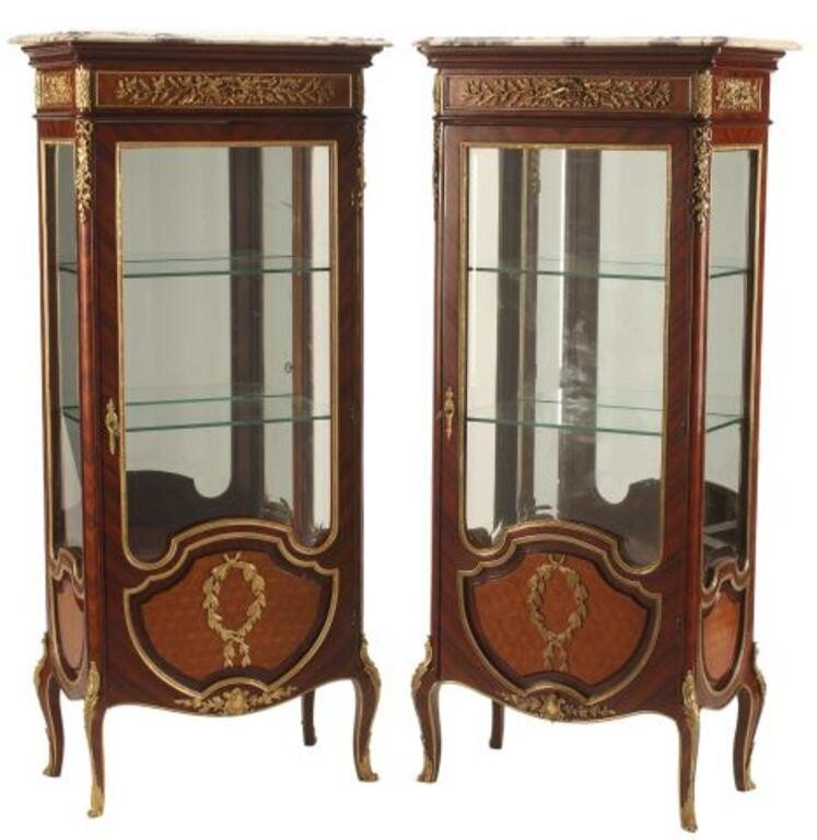 Appraisal: pair Louis XV style marble-top vitrines display cabinets with bronze