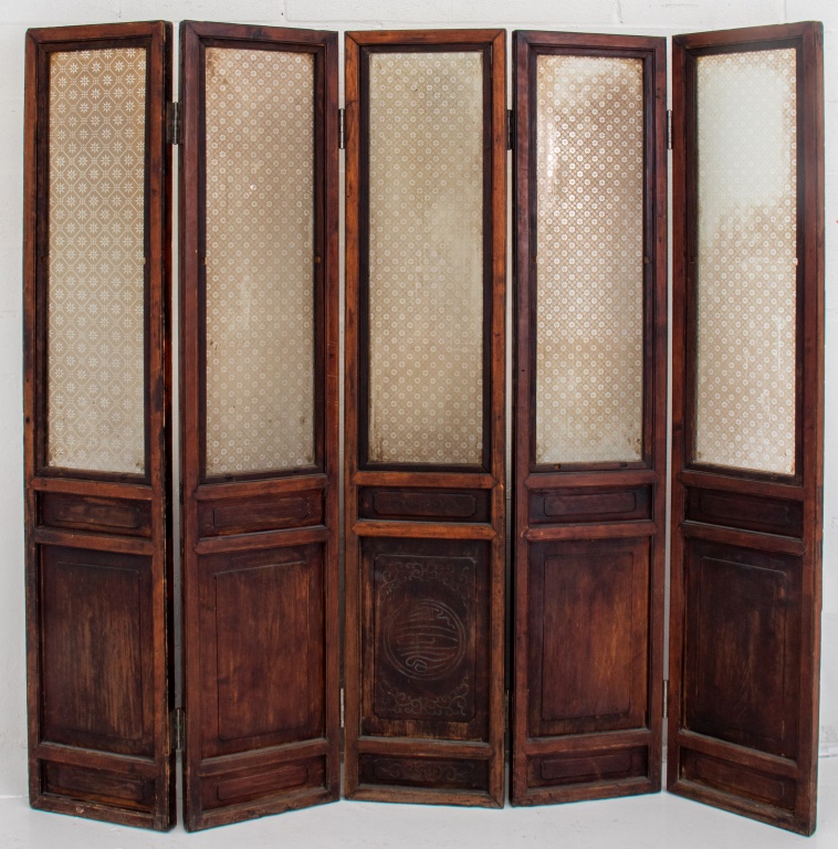 Appraisal: CHINESE FIVE-PANEL WOOD AND GLASS FOLDING SCREEN Chinese five-panel wood