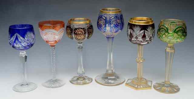 Appraisal: SIX VARIOUS COLOURED AND GILDED HOCK GLASSES on cut stems