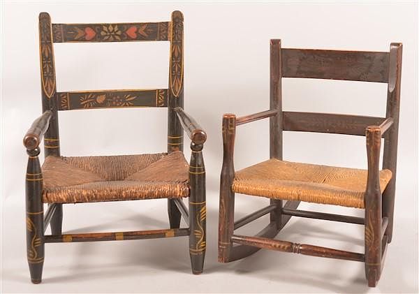 Appraisal: th Century Child's Rush Seat Armchairs Two th Century Child's