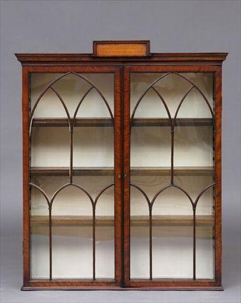 Appraisal: GEORGE III SATINWOOD-INLAID MAHOGANY HANGING CABINET The cornice with raised