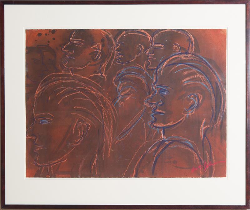 Appraisal: LESTER JOHNSON - CROWD SCENE PROFILES Mixed media on paper