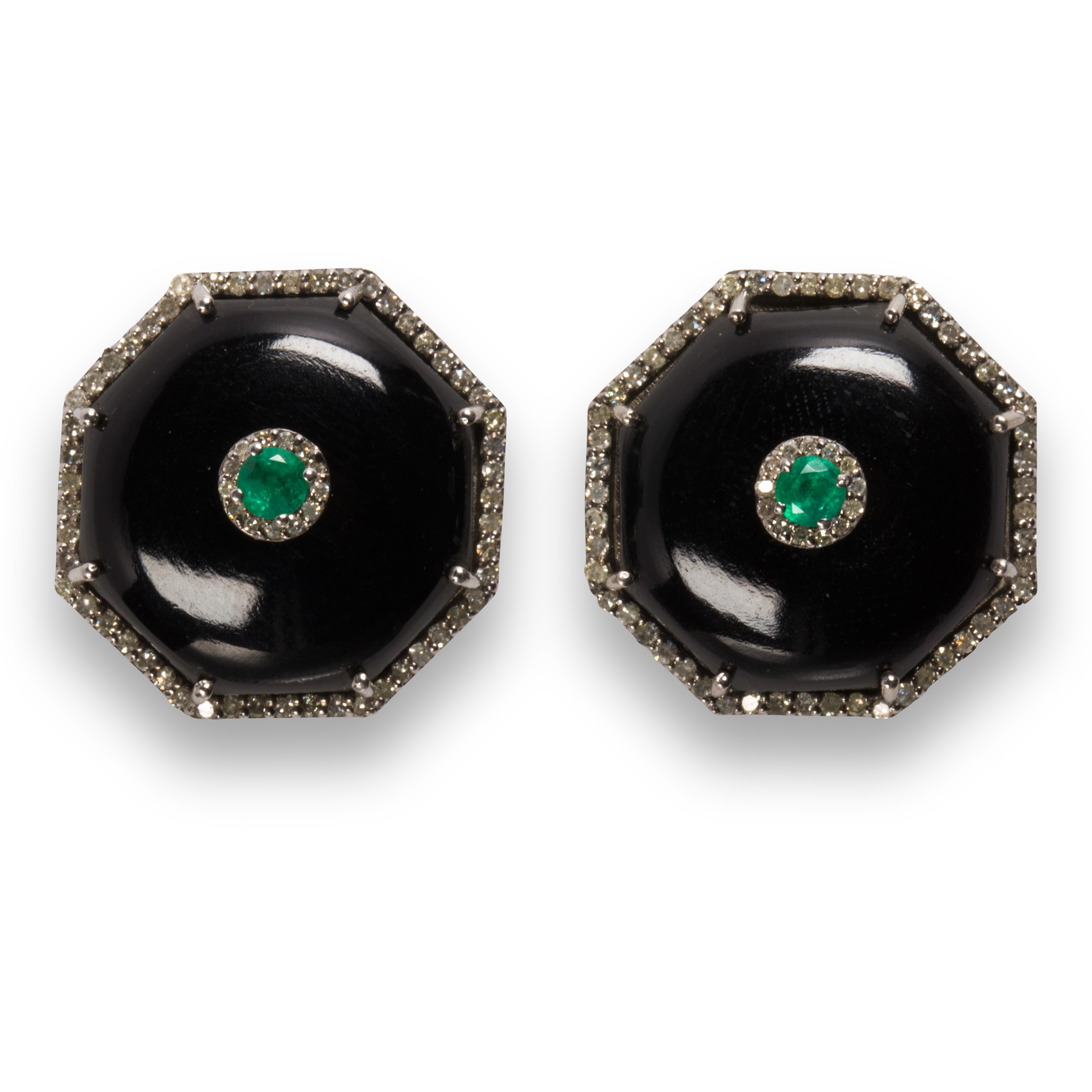 Appraisal: A PAIR OF ONYX DIAMOND AND EMERALD STUD EARRINGS A