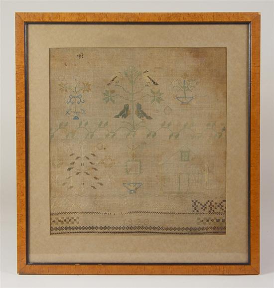 Appraisal: American Sampler Dated Tree with birds house etc Considerable fading