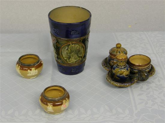 Appraisal: Doulton stone ware three piece cruet pair of salts with